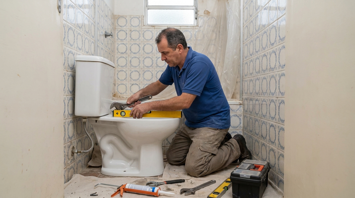 Técnico instalando vaso sanitário em Manaus‑AM
